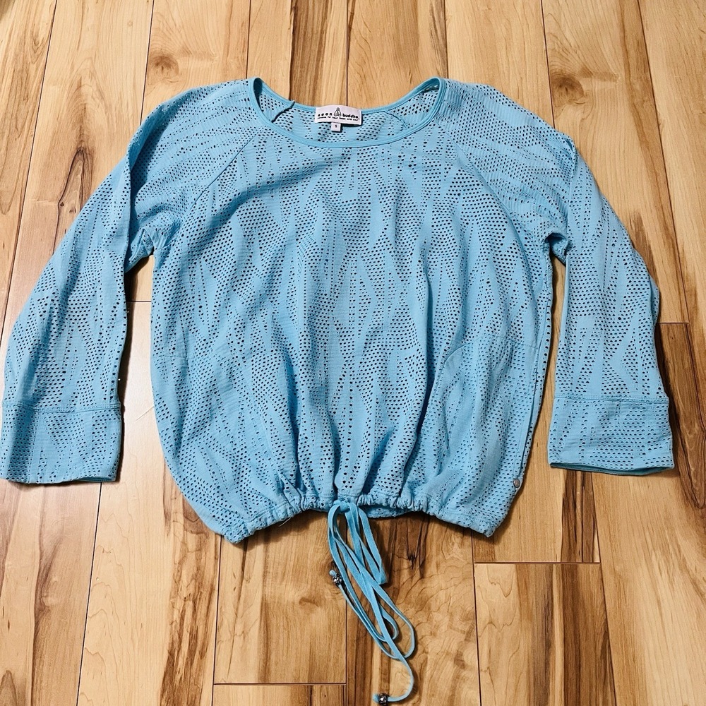 Neon Buddha Blue Perforated Shirt 3/4 Sleeve Casual Comfort Sz S Beach Cover Up